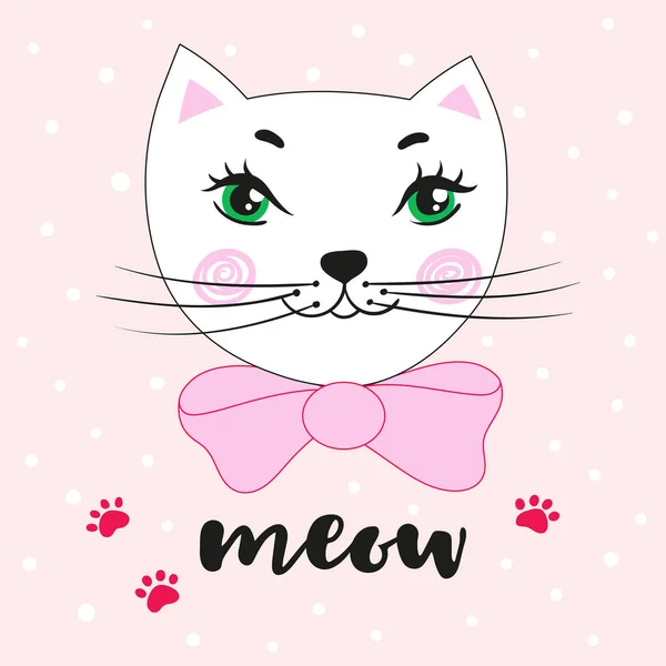 Hermoso gatito de dibujos animados y la inscripción Meow. Ilustración del vector i — Archivo Imágenes Vectoriales