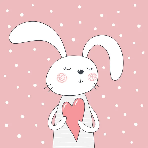 Kort med gullig tecknad kanin med hjärta i tassarna. — Stock vektor