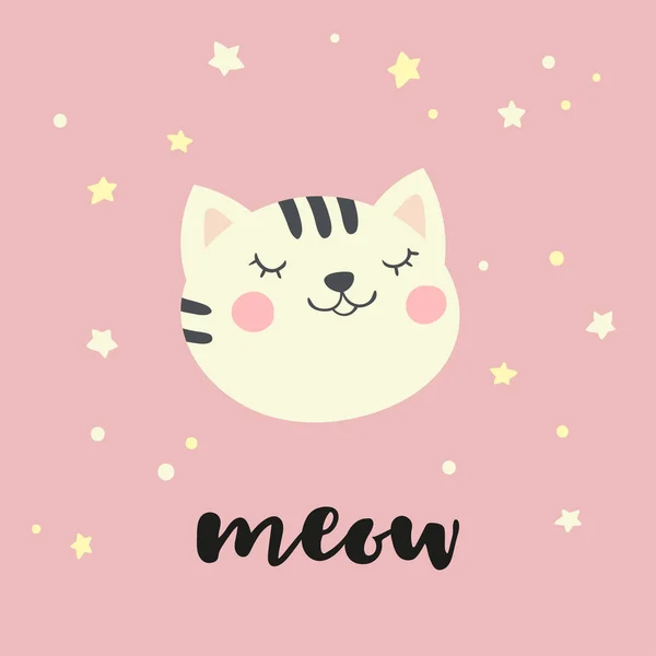 Carte avec mignonne citty et hadwritten inscriptin Meow . — Image vectorielle