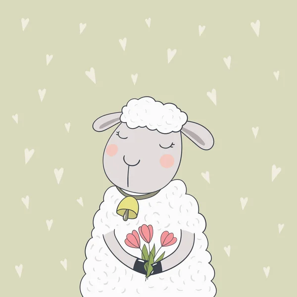 Söta tecknade lamm med Röda tulpaner. — Stock vektor