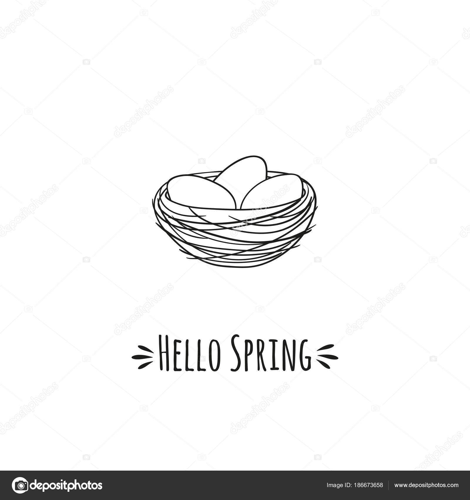 Cozy Nest With Bird Eggs And Inscription Hello Spring
