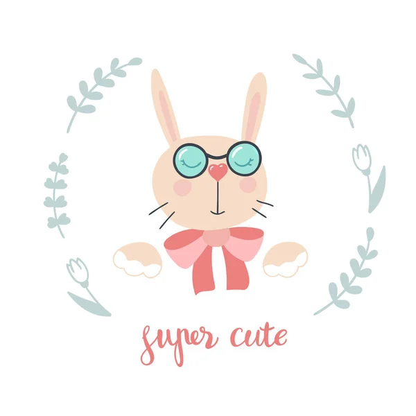 Carta con simpatico coniglietto cartone animato in occhiali e iscrizione scritta a mano Super carino . — Vettoriale Stock