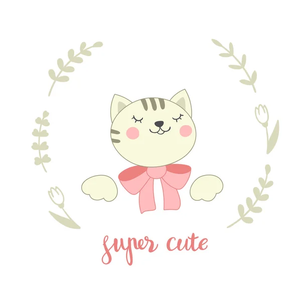 かわいい漫画子猫と手書き碑文スーパー カード — ストックベクタ