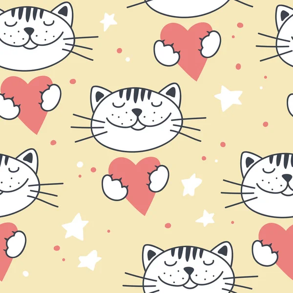 Seamless pattern with cute cats and hearts. — Stock Vector