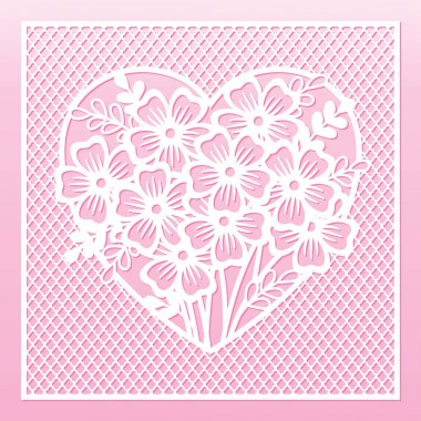 Kalp ve çiçek Ajur kartı. Lazer kesme şablonu.