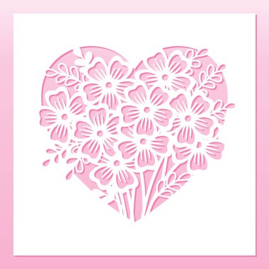 Ajur kalp buket çiçek ile. Lazer kesme şablonu.