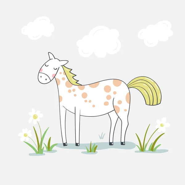 Schattige cartoon paard op bloem weide. — Stockvector