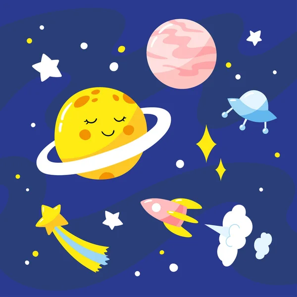 Nachthimmel mit Cartoon-Planeten, Raketen und Sternen. — Stockvektor
