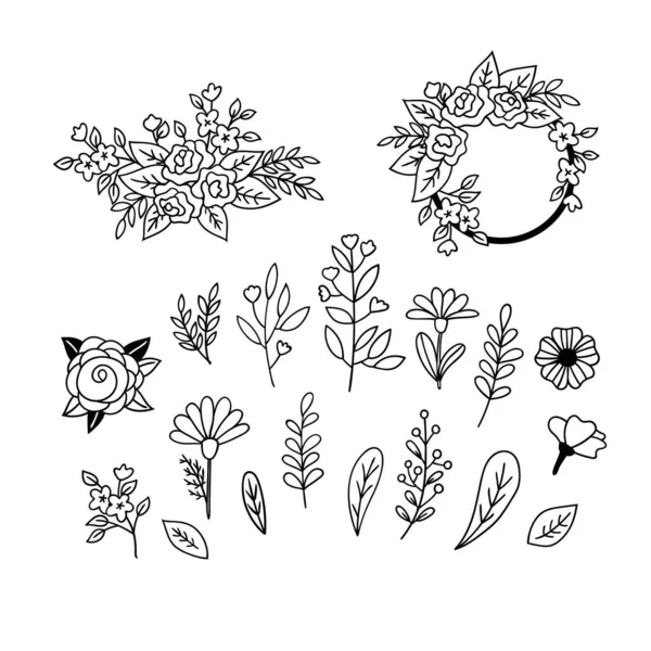 Conjunto de rabiscos florísticos. Flores, folhas e galhos, desenhados à mão . —  Vetores de Stock