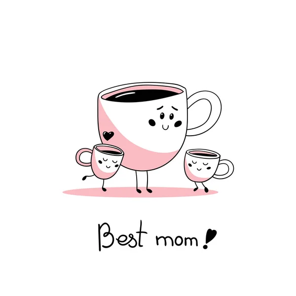 Linda familia de dibujos animados de tazas de café. Mamá e hijos . — Vector de stock