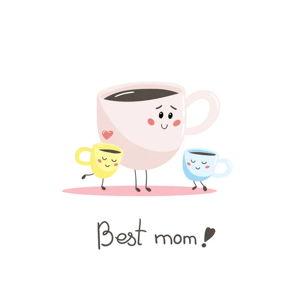 Feliz familia de dibujos animados de tazas de café. Mamá y dos hijos . — Vector de stock