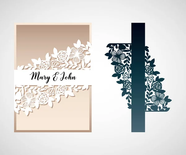 花とオープンワークカード。結婚式の招待状のためのレーザーカットテンプレート. — ストックベクタ