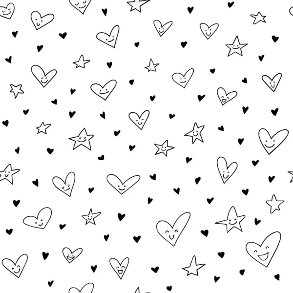 Seamless pattern with cute smiled hearts and stars. — Stock Vector