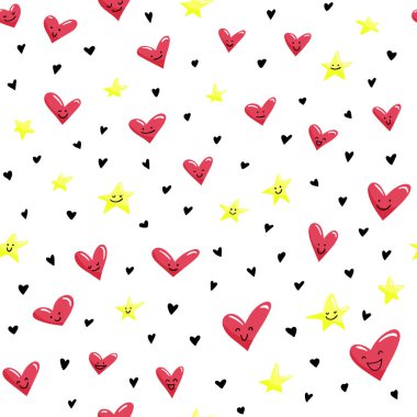 Sevimli, gülen kalpler ve yıldızlarla kusursuz bir desen..