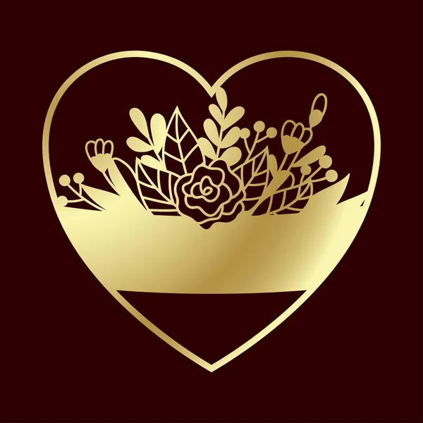 Ανοιχτή χρυσή καρδιά με τρυφερά λουλούδια. Πρότυπο κοπής λέιζερ. — Διανυσματικό Αρχείο