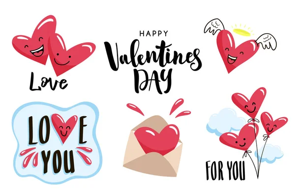 Conjunto de adesivos Feliz Dia dos Namorados com corações bonitos dos desenhos animados . — Vetor de Stock