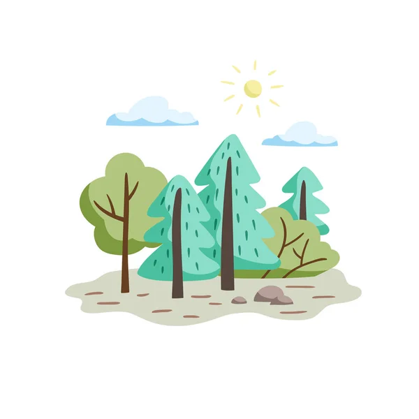 Paisaje forestal minimalista. Árboles y arbustos en un estilo dibujado a mano . — Vector de stock