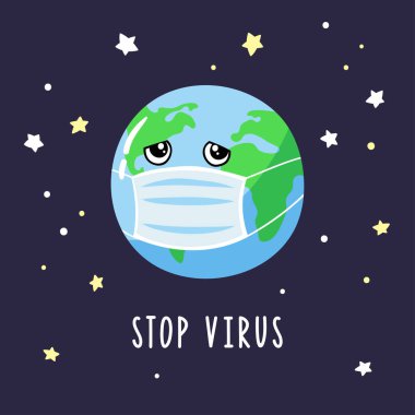 Medikal maskeli üzgün Dünya çizgi filmi. Koronavirüs pandemik koruması.