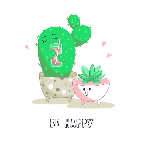 Personnages de dessins animés mignons, cactus et succulents dans des pots en béton . — Image vectorielle