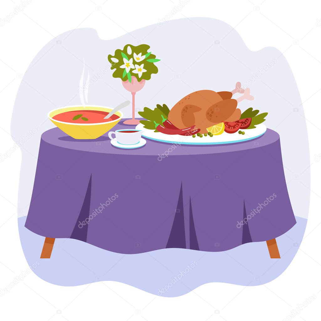 Two-course dinner on a table covered with a tablecloth. Vector illustration in flat style.