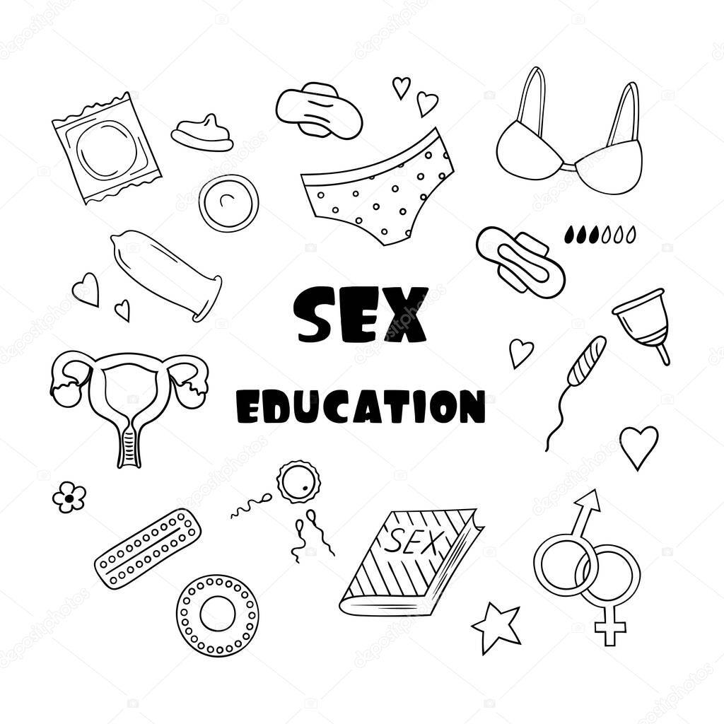 Sex education set of elements in doodle style.