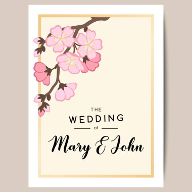 Çerçeveli ve dallı tebrik kartı pembe sakura çiçekleri.