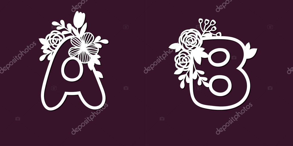 Two delicate patterns for cutting letters A and B with tender flowers. Paper art. Die cutting for scrapbooking.