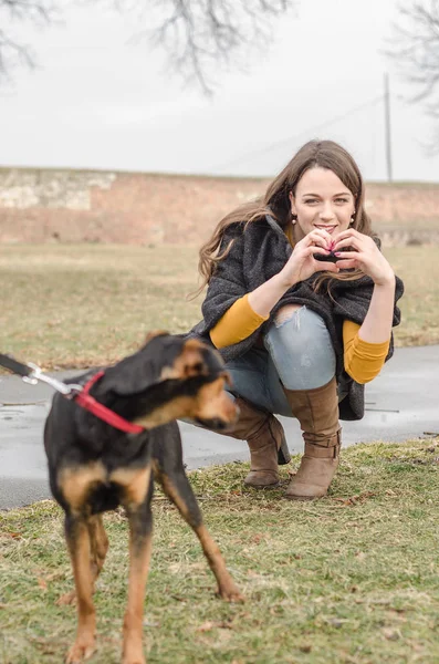 Reakce psa na cizince a žena love pes — Stock fotografie