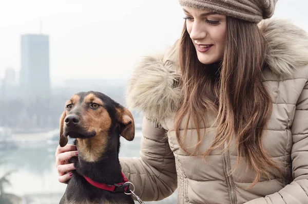 Pessoa de pé com seu cão dedicado e fiel ao ar livre — Fotografia de Stock