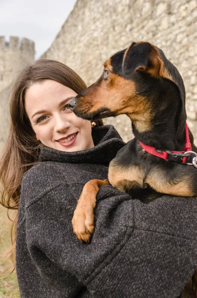 Όμορφο κορίτσι απολαμβάνει το χρόνο που δαπανάται με το σκύλο της, αγαπά σκύλος — Φωτογραφία Αρχείου