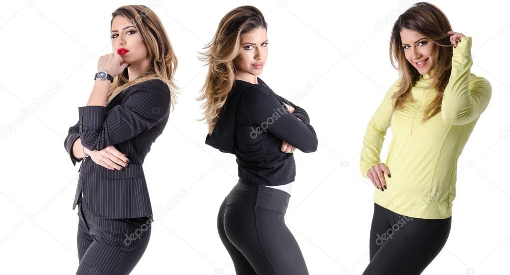 girl in three different types of clothes 