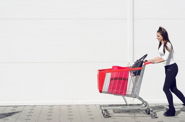 Frau posiert mit Einkaufswagen — Stockfoto