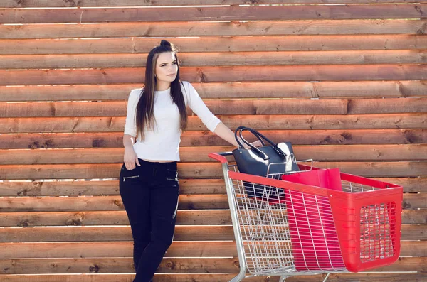 Kadın arabası alışveriş ile poz — Stok fotoğraf