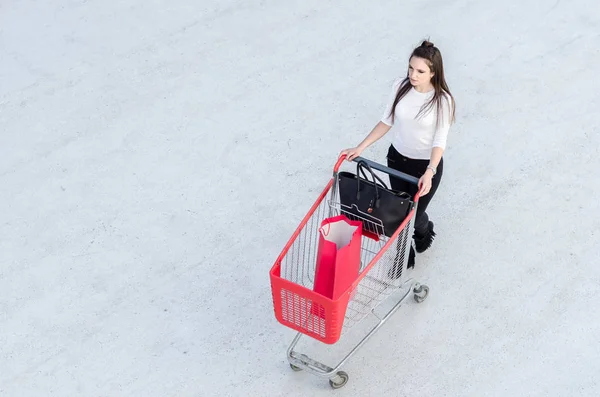 Mädchen schiebt Einkaufswagen — Stockfoto