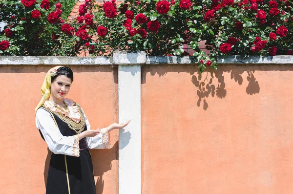 Дівчина в народному костюмі показує порожню стіну — стокове фото