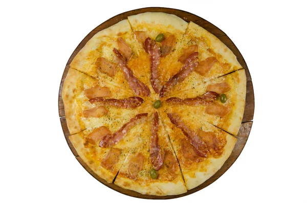 Tasty pizza with ham and olives — Stock Photo, Image
