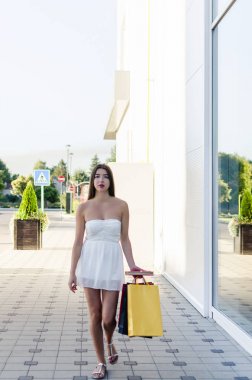 alışveriş torbaları ile esmer kadın