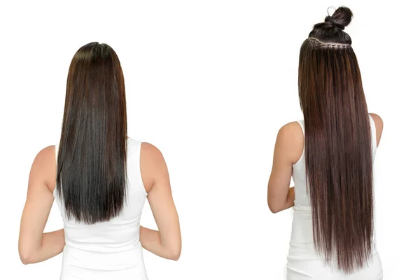 Przed i po, przedłużania włosów — Zdjęcie stockowe