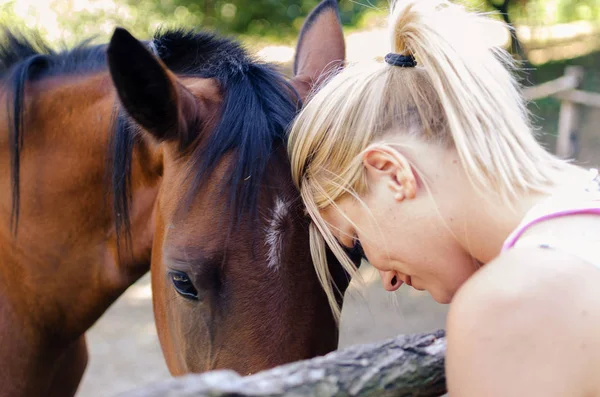 view of blonde woman and cute horse at sunny day and sun effect
