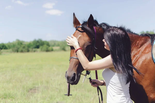 Красивая женщина ходит и трогает свою лошадь — стоковое фото