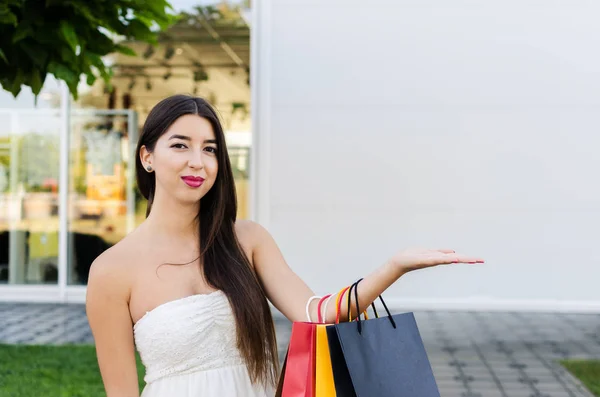 Brünette Frau mit Einkaufstaschen — Stockfoto