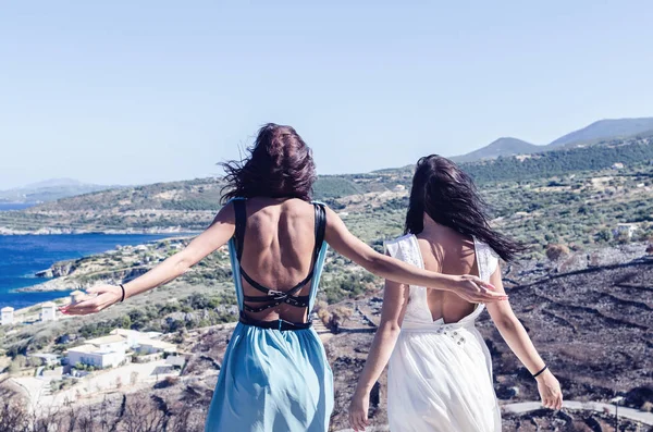 Vista posteriore di due donne in piedi con le mani alzate — Foto Stock