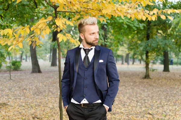 Man in suit in park autumn — Stock Photo, Image