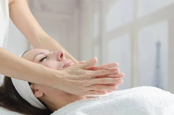 Young Beautiful Female Receiving Facial Massage Spa Salon Paris City — Stock Photo, Image