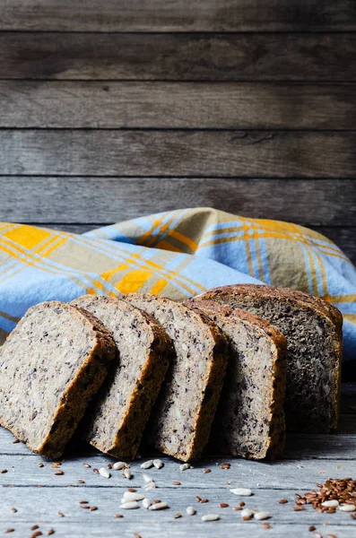 Traditional Bread Seeds Old Wooden Table Brown Fresh Homemade Tin — Stock Photo, Image