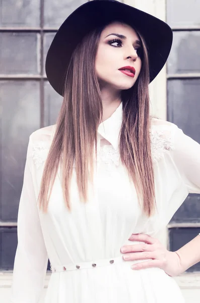 Close Portrait Attractive Serious Youth Lady Red Lips Black Hat — Stock Photo, Image