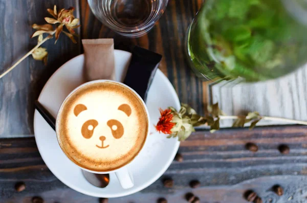 Latte Art Coffee Art Made Barista Beautiful Retro Wooden Background — стоковое фото