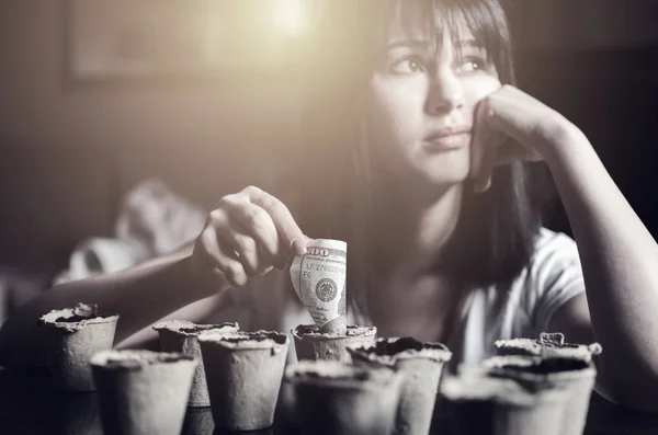 Jovem Mulher Bonita Planta Dinheiro Vasos Reciclagem Economia Crescimento Conceito — Fotografia de Stock