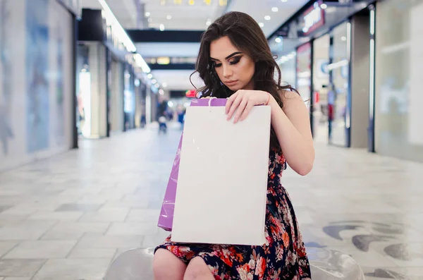 Retrato Alegre Sonriente Joven Bonita Mujer Sosteniendo Bolsas Compras —  Fotos de Stock