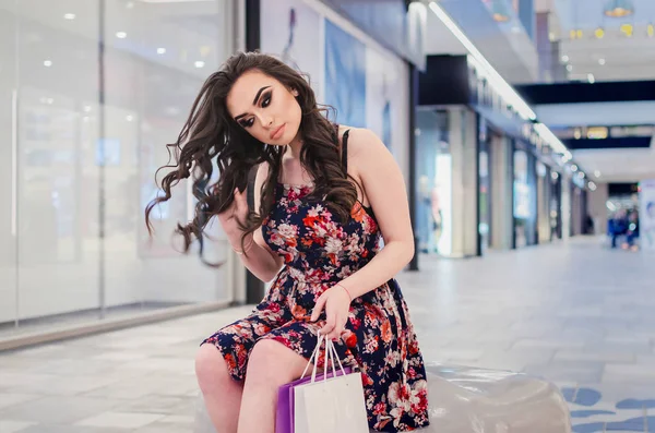 Portrait Excited Cheerful Smiling Young Pretty Woman Holding White Shopping — Stock Photo, Image